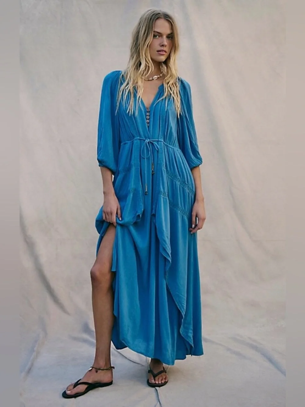 NWT Free People Turquoise V-Neck Tie-Waist Maxi Dress - Picture 1 of 14